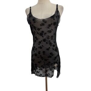 Malizia Black Sheer Mesh Babydoll Night night Flocked Velvet Roses Slip Lingerie
